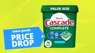 Cascade Complete Dishwasher Pods pack on yellow background