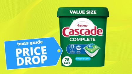 Cascade Complete Dishwasher Pods pack on yellow background