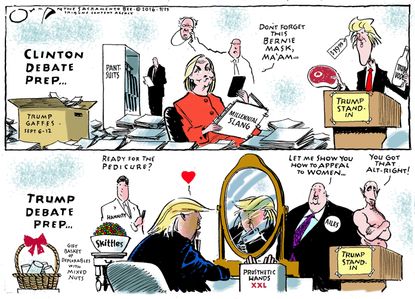 Political cartoon U.S. 2016 election Donald Trump Hillary Clinton debate preparation