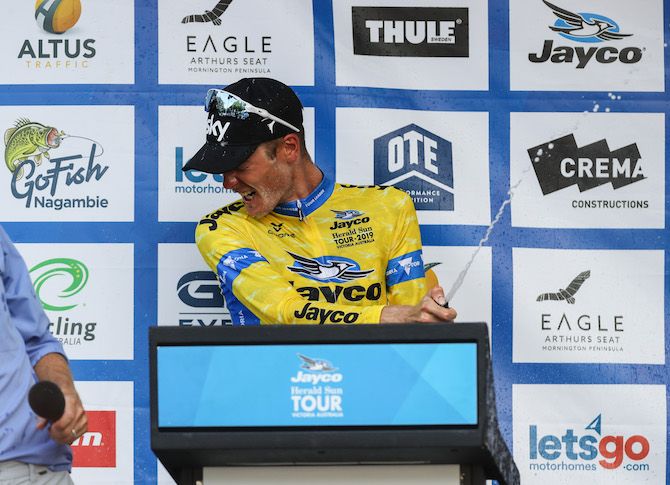 Champagne time for Dylan van Baarle after winning the 2019 Jayco Herald Sun Tour