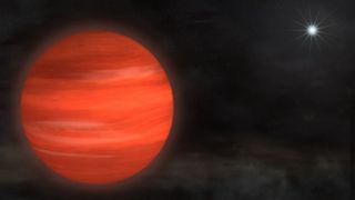 a gas giant striped in different shades of red dominates the left half of the image, hanging in black space. in the top right, a fainter twinkling star with short rays jetting out in several directions.