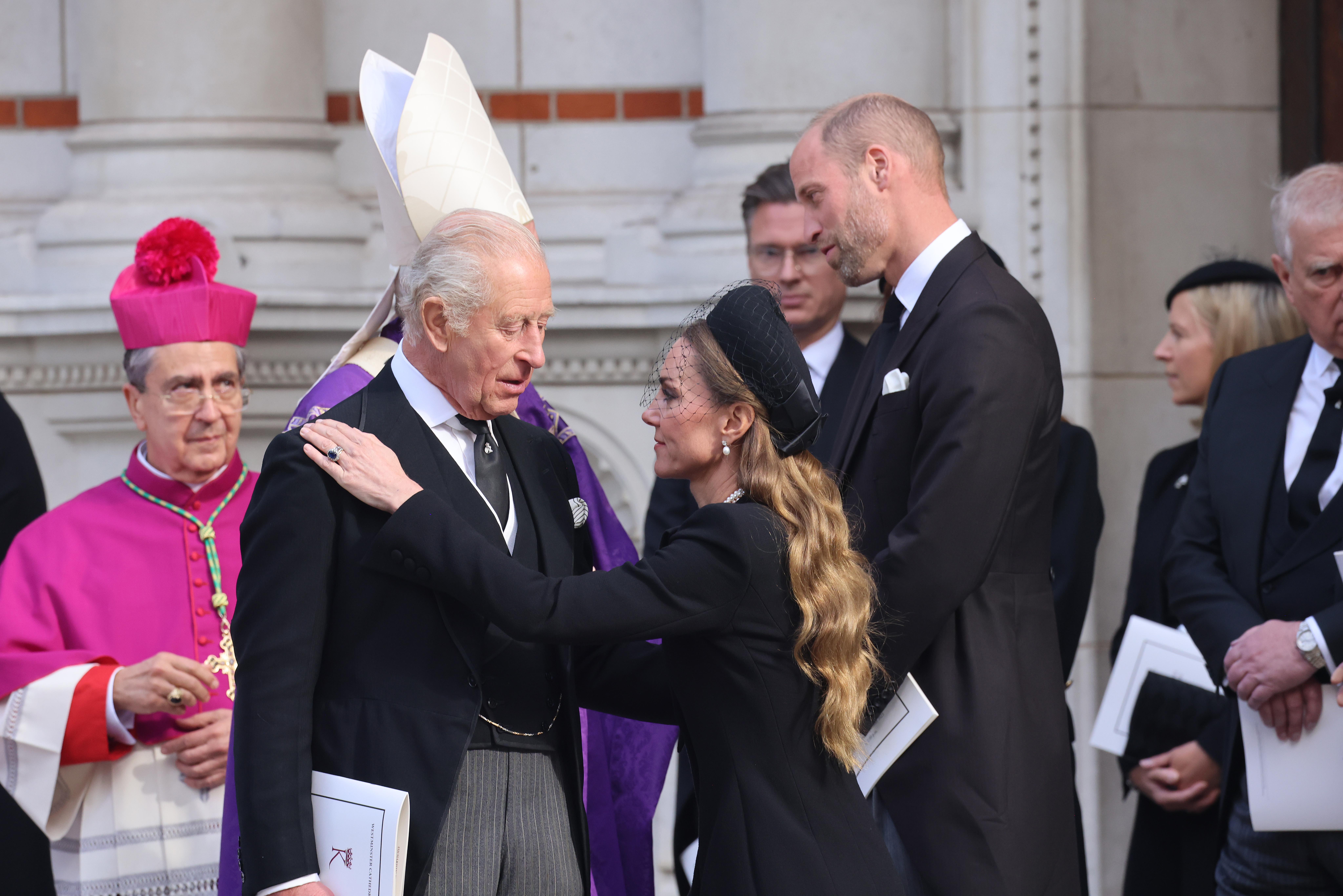 King Charles III hugs the Princess of Wales as they leave after the Requiem Mass service for the Duchess of Kent, at Westminster Cathedral, central London. Picture date: Tuesday September 16, 2025. This is the first Catholic funeral service held for a member of the royal family in modern British history. Katharine, the wife of the late Queen&#039;s cousin the Duke of Kent, converted to Catholicism in 1994.