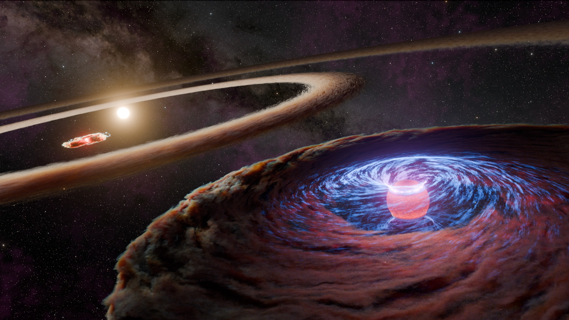 illustration showing an orange baby exoplanet surrounded by a cloud of dust, with its parent star in the background