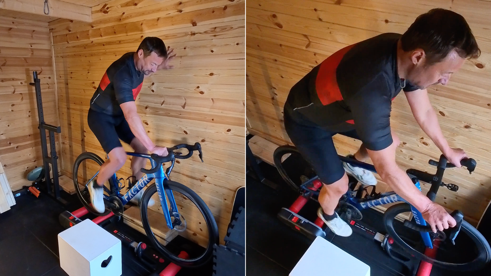 Steve Shrubsall holding onto a wall to get going on the rollers (left), and riding confidently (right)