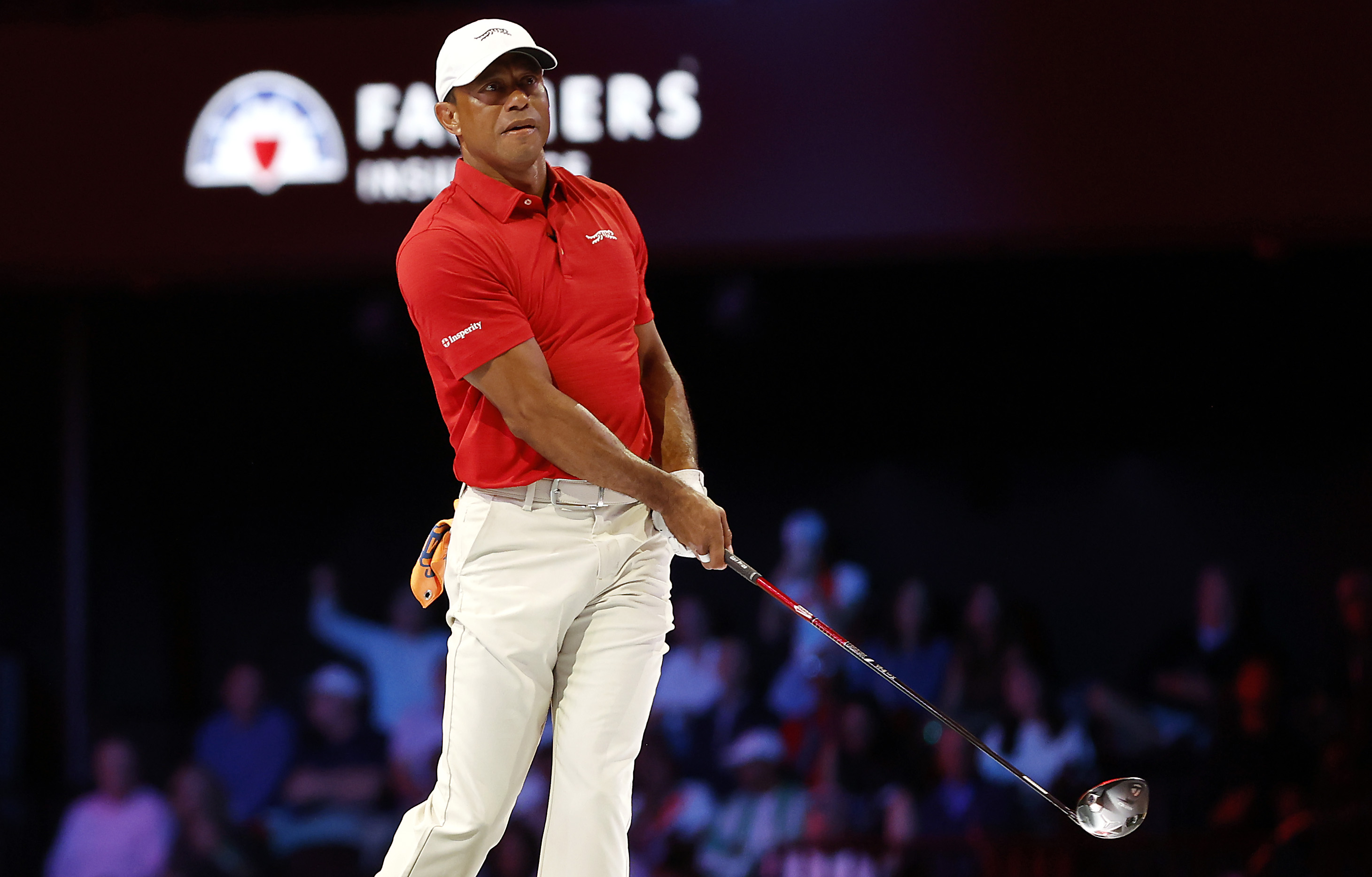 Tiger Woods hits a tee shot during Match 2 of the TGL Finals against the Los Angeles Golf Club at SoFi Center