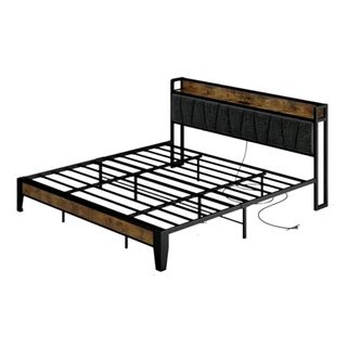 A wood and upholstered bed frame and storage headboard with charging station, two standard plug outlets, two USB ports with cable management 5.9ft. long power supply cord