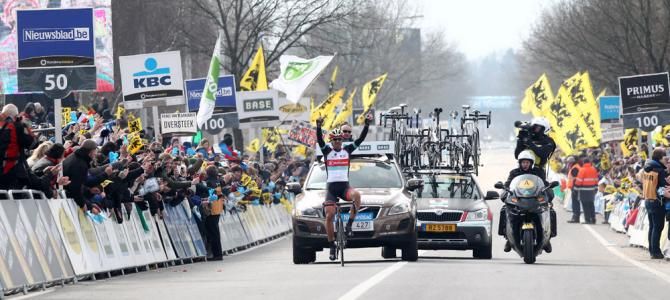 Fabian Cancellara (RadioShack Leopard) celebrates his victory for the second time at the Tour of Flanders.