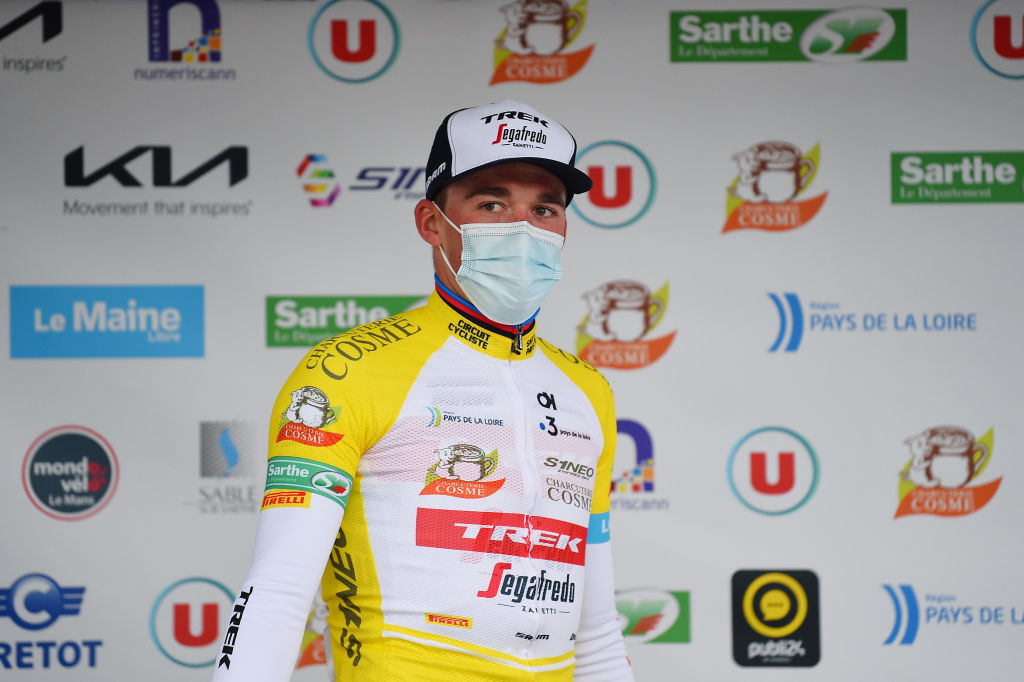 LE LUDE FRANCE APRIL 06 Mads Pedersen of Denmark and Team Trek Segafredo celebrates winning the Yellow Leader Jersey on the podium ceremony after the 68th Circuit Cycliste Sarthe Pays de la Loire 2022 Stage 2 a 1747km stage from Le Lude to Le Lude CircuitSarthe on April 06 2022 in Le Lude France Photo by Dario BelingheriGetty Images