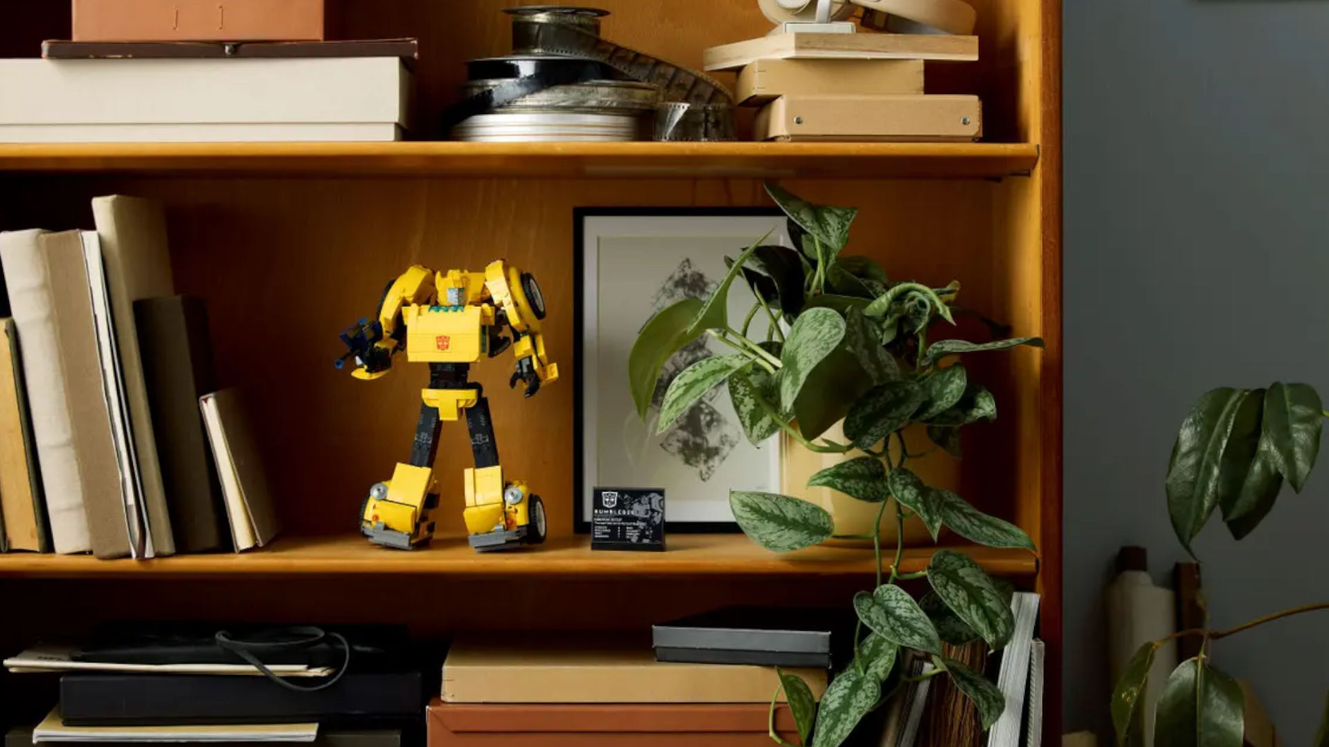 Lego Bumblebee set on a wooden shelf, alongside plants and books