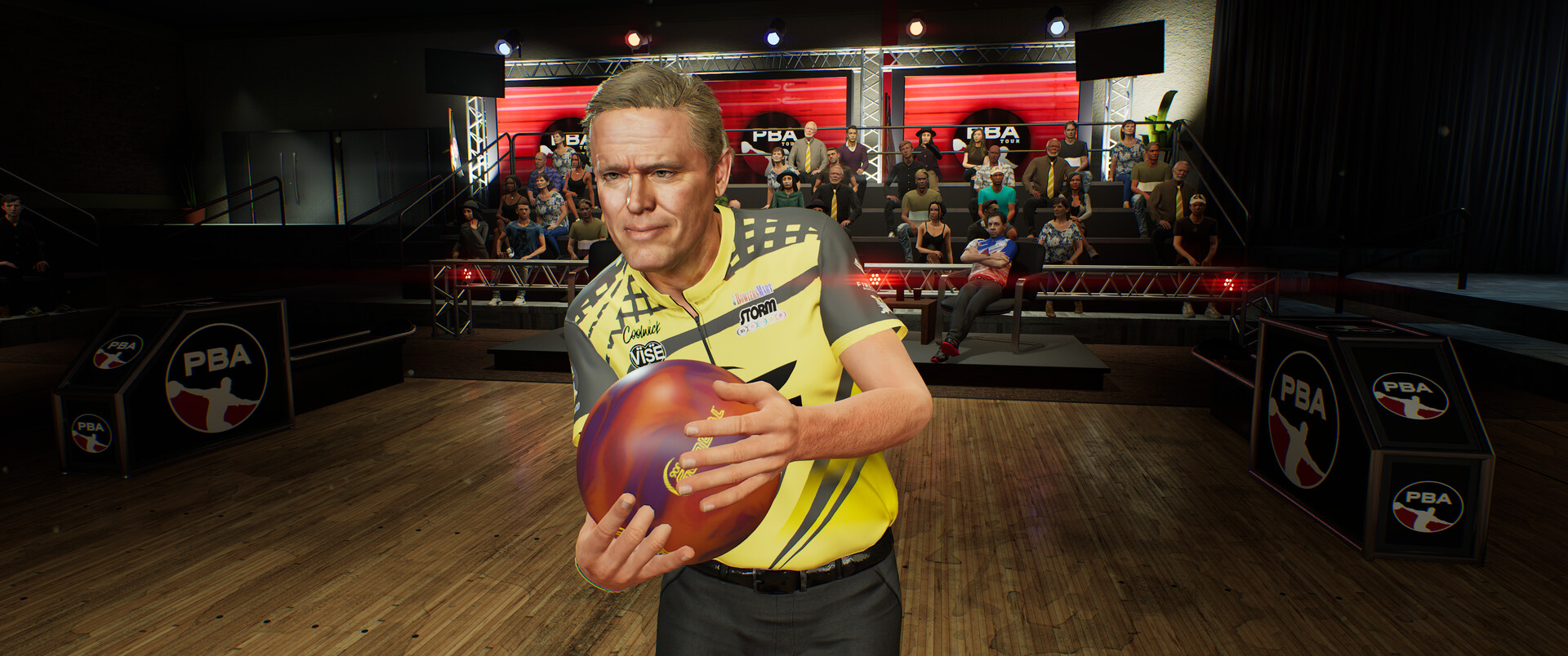 Pro Bowlers bowling in a bowling alley