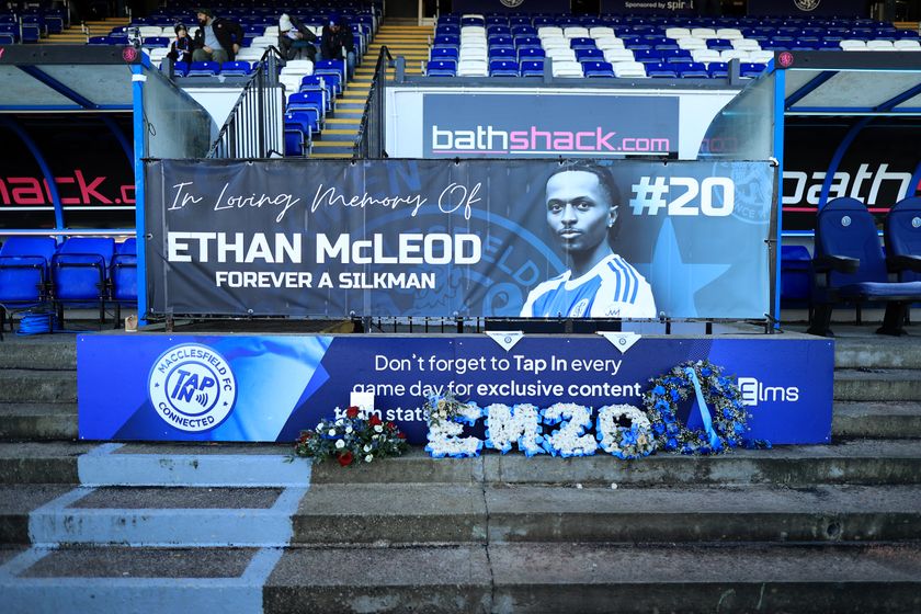MACCLESFIELD, ENGLAND - JANUARY 10: A memorial to former Macclesfield player Ethan McLeod, who died recently, is seen before the Emirates FA Cup Third Round match between Macclesfield and Crystal Palace on January 10, 2026 in Macclesfield, England. (Photo by Simon Stacpoole/Offside/Offside via Getty Images)