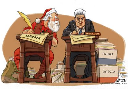 Political cartoon U.S. Mueller investigation Christmas Santa
