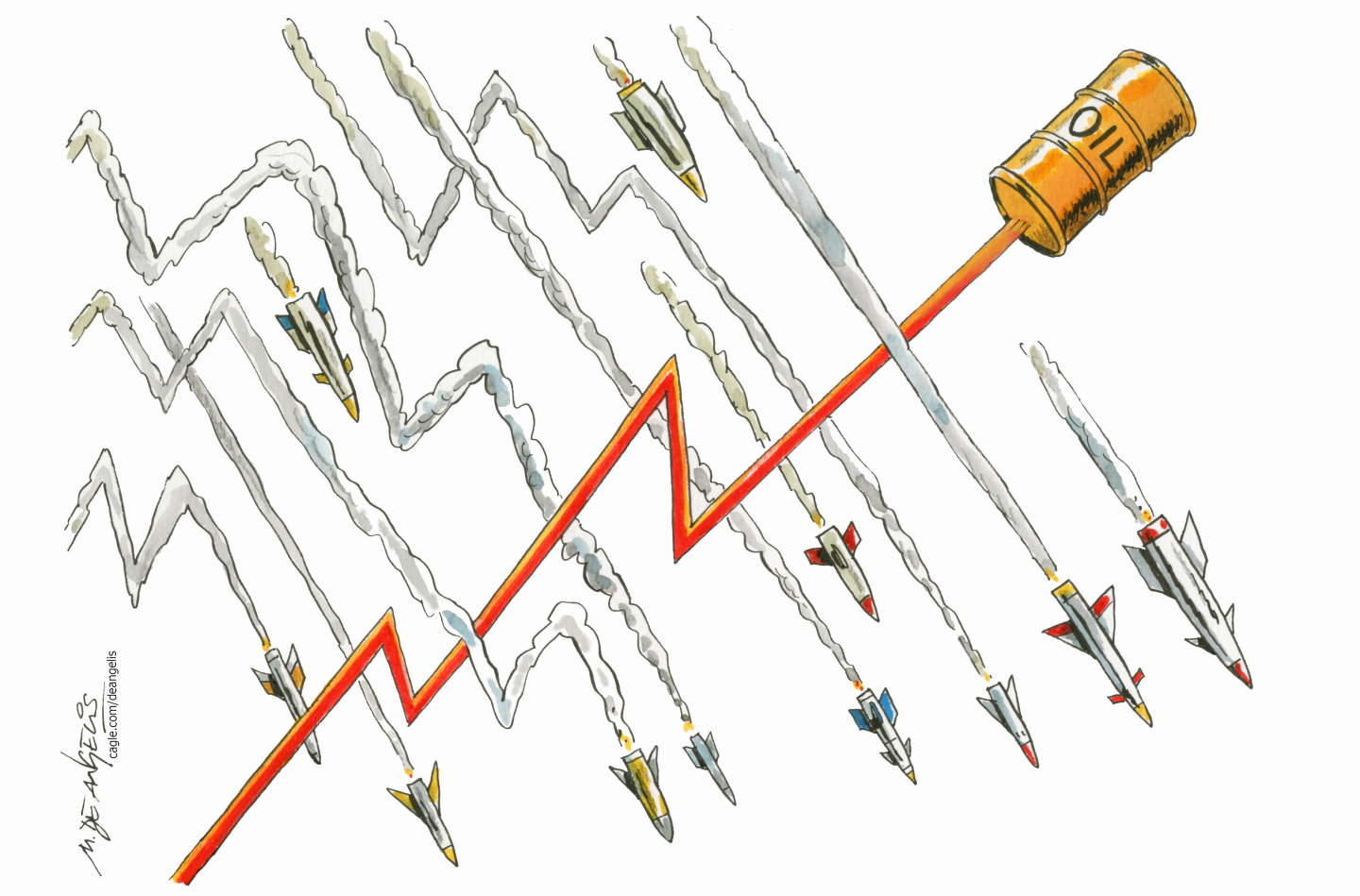 This is a wordless cartoon that depicts 10 missiles roaring to the ground, followed by trails of smoke. A barrel of oil has just passed through the missiles, and has left behind a trail that resembles a price graph on a chart climbing higher.
