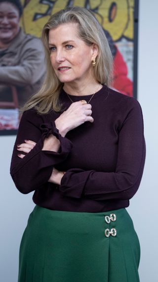 Sophie, Duchess of Edinburgh listens during a visit to "The Company Shop - community hub" on January 15, 2025