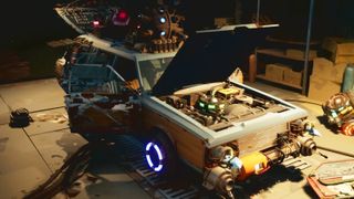 A station wagon in a garage with sci-fi gadgets stuck to it