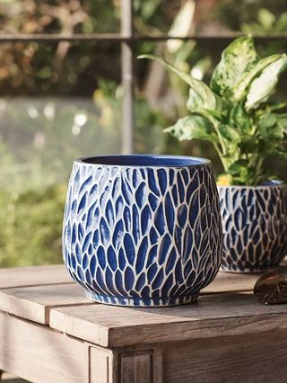 blue patterned planter