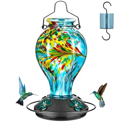 Tegarbed Hand Blown Glass Hummingbird Feeders for Outdoors Hanging, 24oz Wild Bird Nectar Feeder With Ant Moat and Perch, Bee-Resistant Ports, Garden Decor, Gifts for Women Mom, 1 Pack, Blue Phoenix