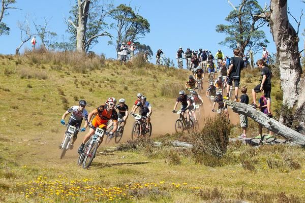 Victorian Andrew Low leads a snaking stream of riders on stage 1, Cradle Mountain.