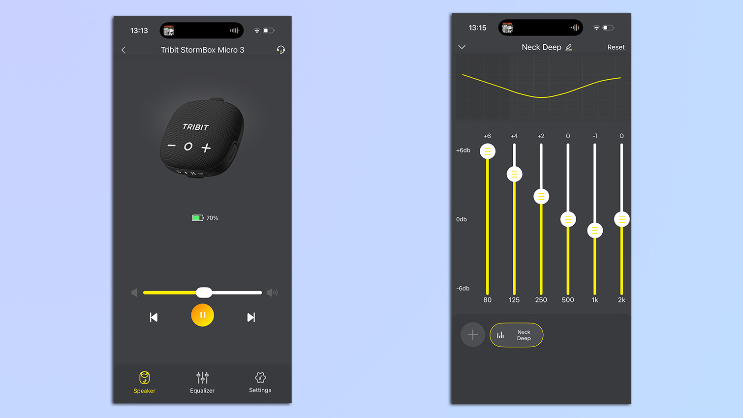 Screenshots from the Tribit app showing the EQ controls of the Tribit StormBox Micro 3