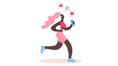 Music to run faster: illustration woman running with headphones
