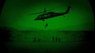Promotional image for American Manhunt: Osama bin Laden showing US troops repelling from a helicopter
