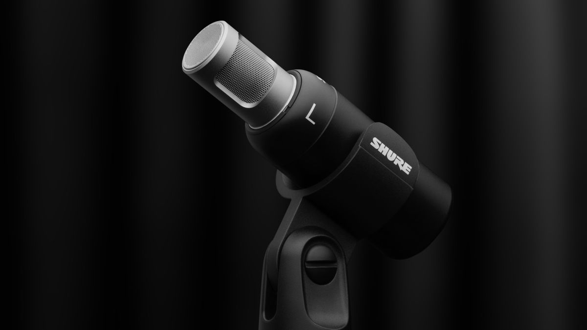 Shure MoveMic 88+ microphone on a microphone stand