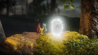 Three yarn characters holding hands in Unravel 2