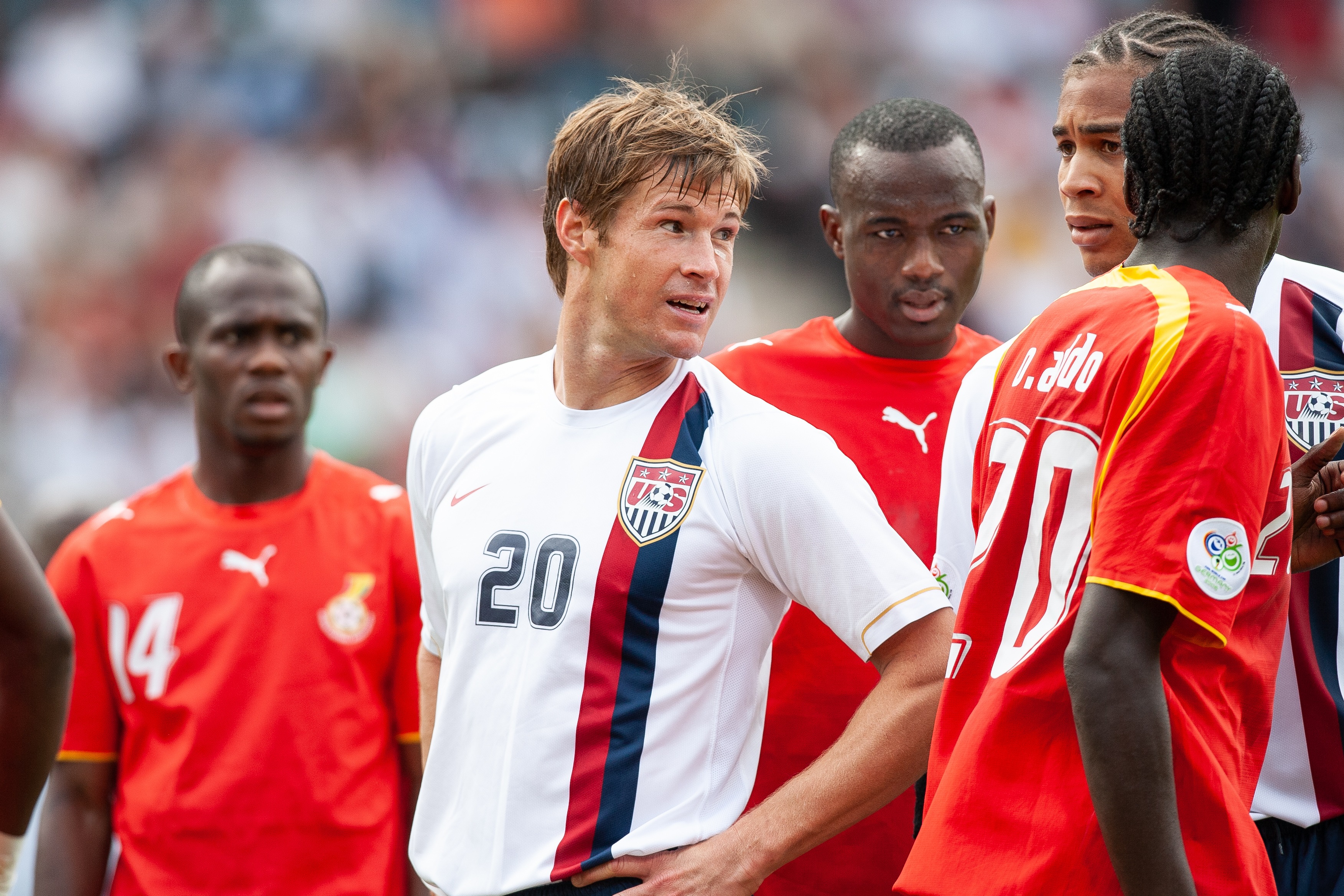 NUREMBERG, GERMANY - JUNE 22: Brian McBride of the USA in action during the FIFA World Cup Group E match between USA (1) and Ghana (2) at the Max-Morlock Stadium on June 22th, 2006 in Nuremberg, Germany. (Photo by Simon Bruty/Anychance/Getty Images)