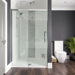 grey bathroom with white toilet and shower area