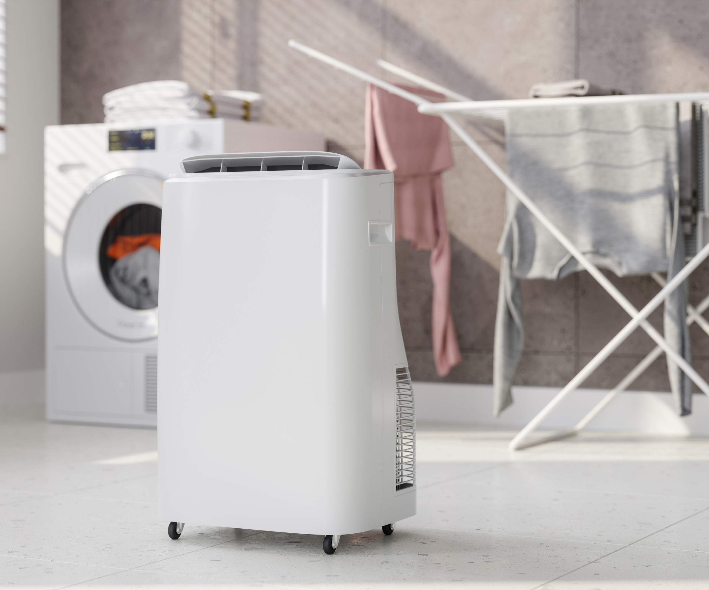 Dehumidifier in front of washing machine and drying rack with clothes in the background