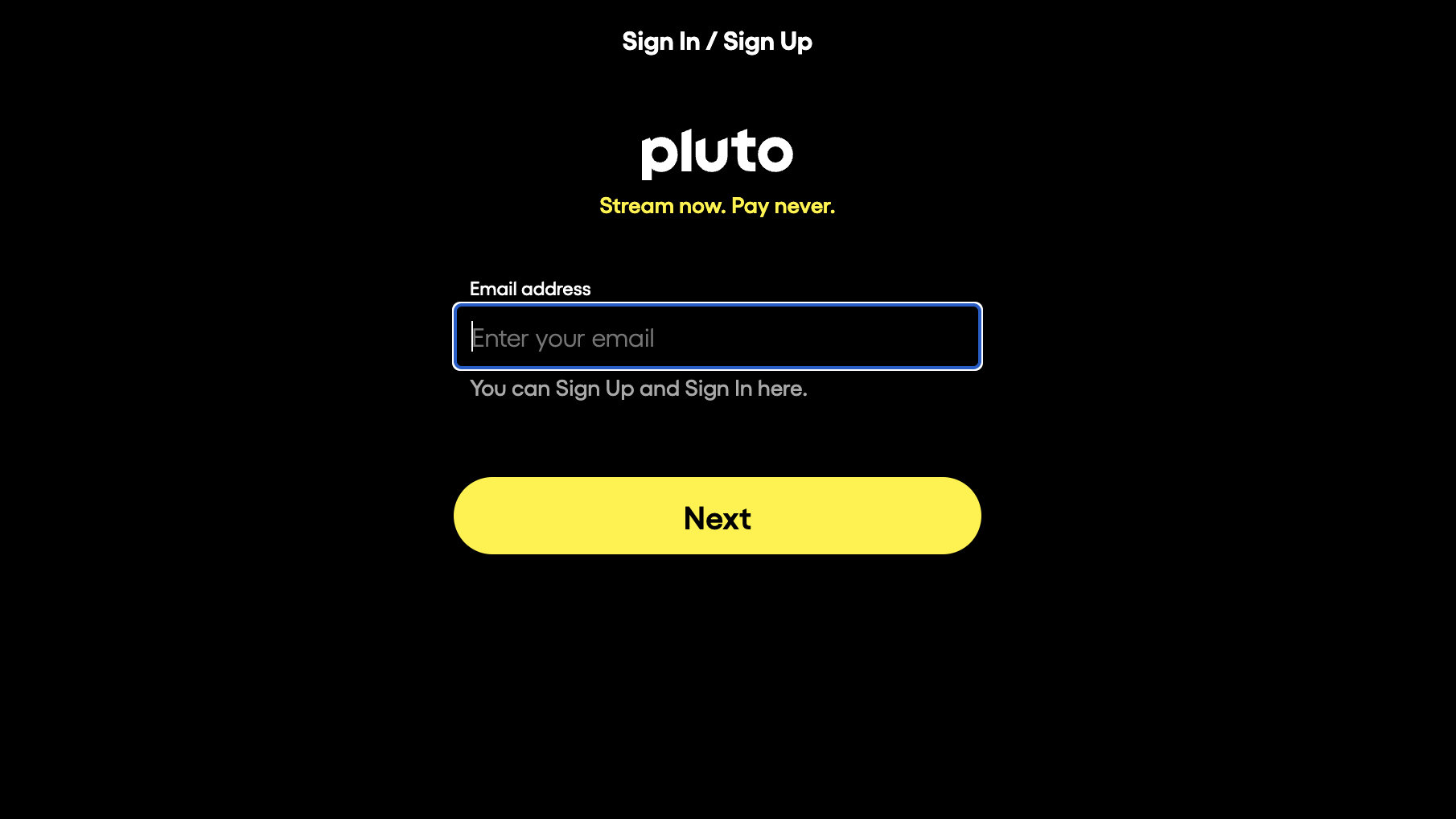 A screenshot of the pluto tv login page