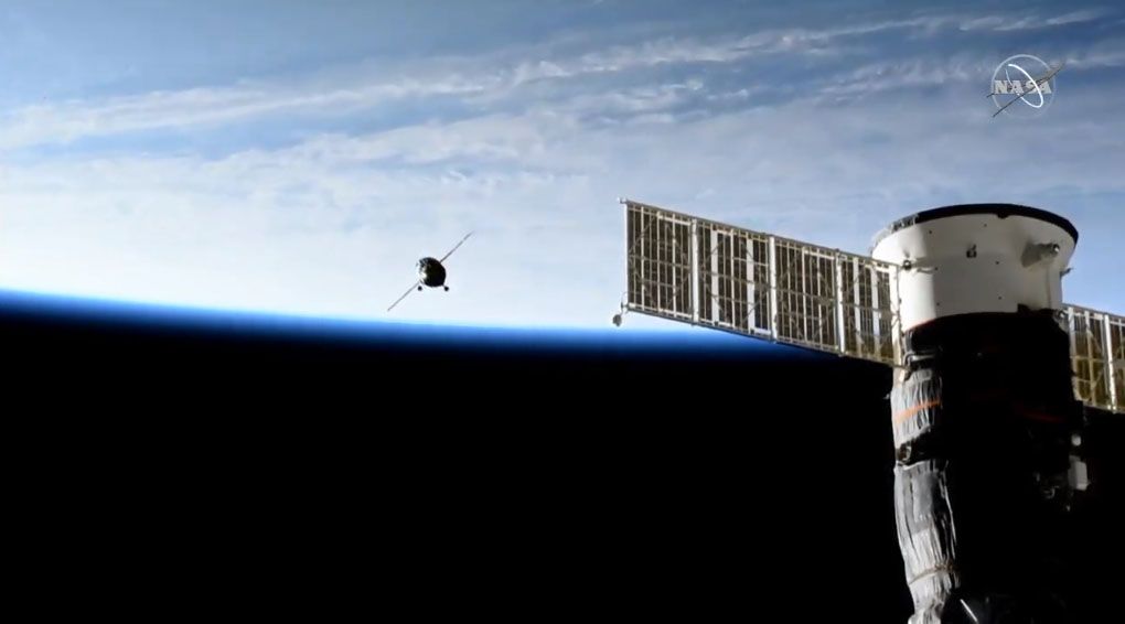 The Soyuz MS-14 spacecraft approaches the International Space Station during docking operations on Aug. 26, 2019.