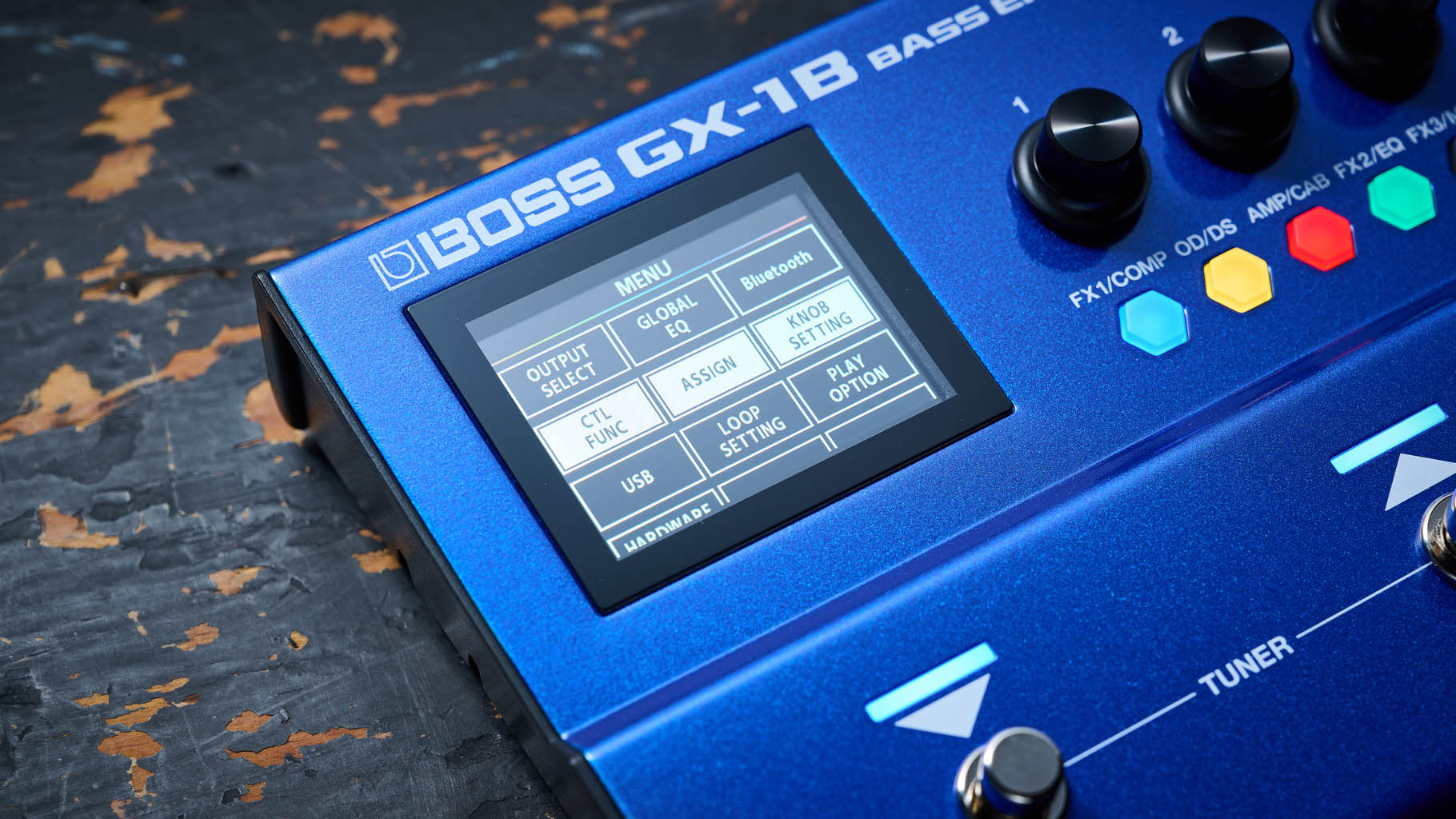 Boss GX-1B, the multi-effects pedal designed specifically for bass has a blue enclosure, three assignable footswitches and an integrated expression pedal &amp;ndash; and it's digital display is easy to read.