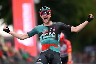 RIVOLI ITALY MAY 18 Nico Denz of Germany and Team BORA hansgrohe celebrates at finish line as stage winner during the 106th Giro dItalia 2023 Stage 12 a 185km stage from Bra to Rivoli UCIWT on May 18 2023 in Rivoli Italy Photo by Stuart FranklinGetty Images