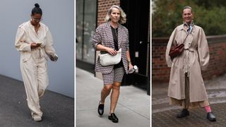 three street style shots showing how to style birkenstocks clogs for work