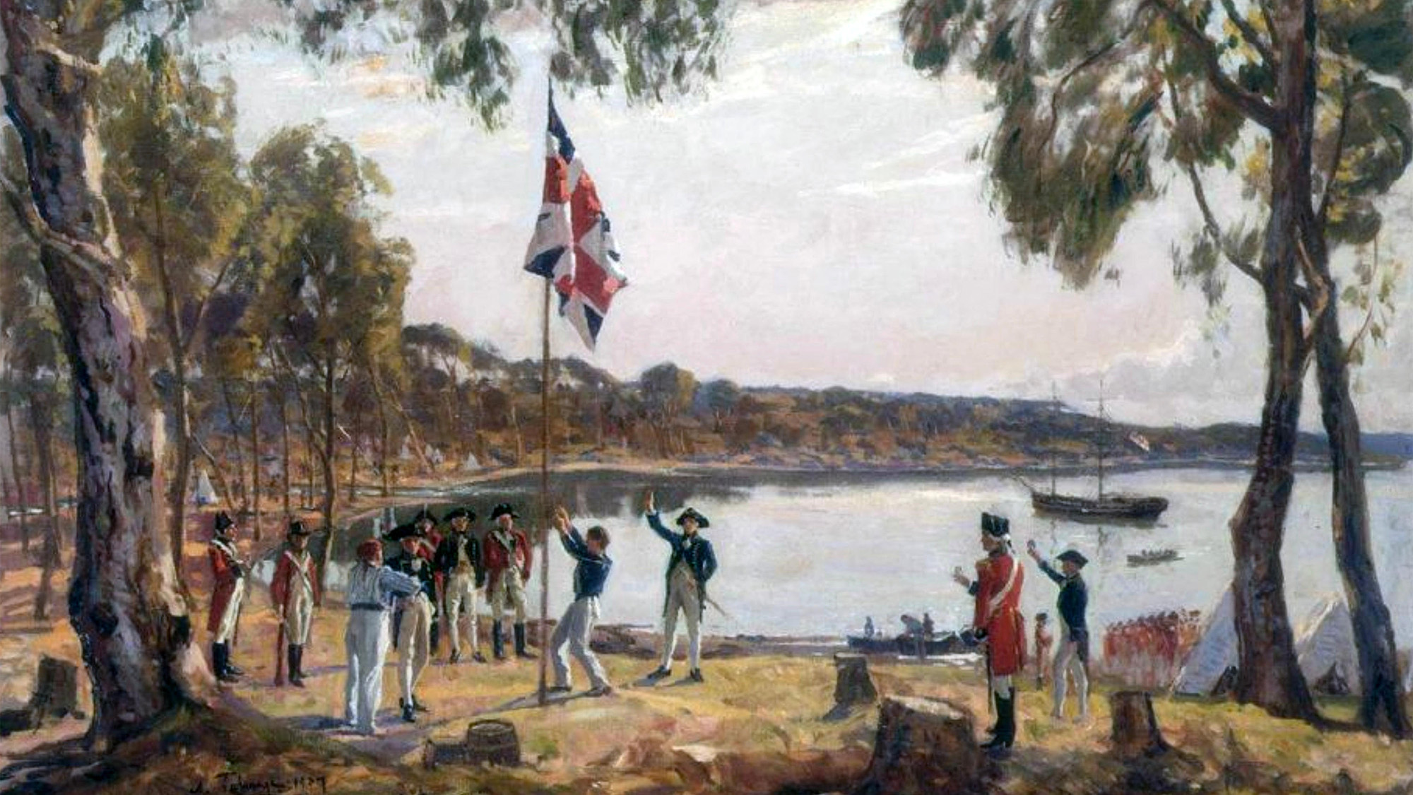 An old painting showing soldiers in uniform hoisting a flag