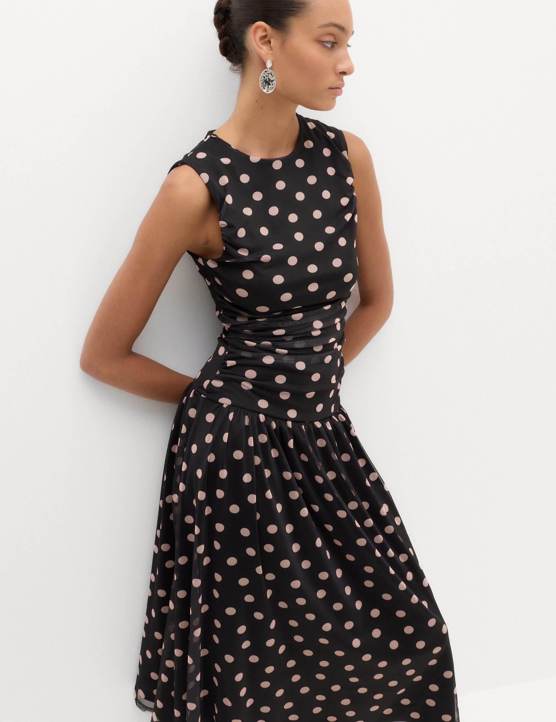 Mesh Polka Dot Midi Dropped Waist Dress
