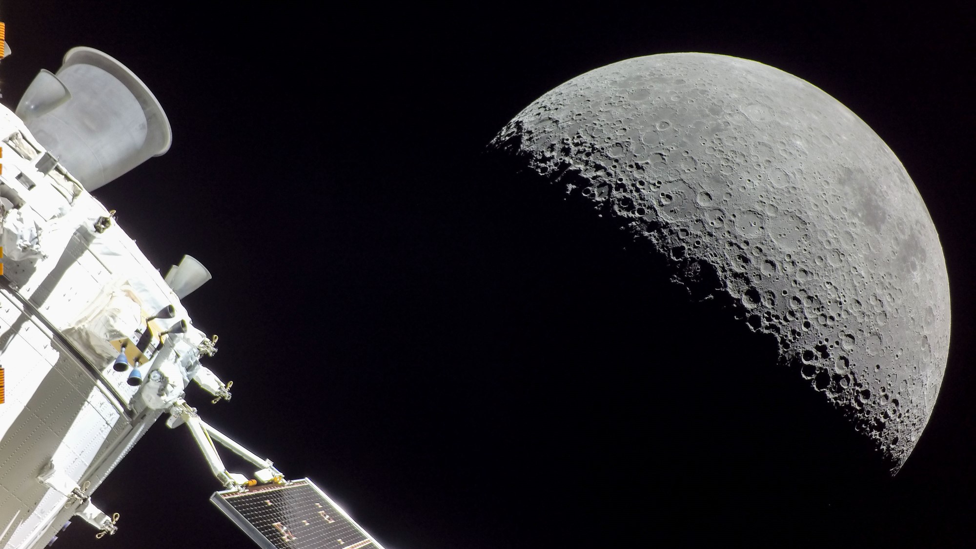 The moon seen from the Artemis 1 Orion capsule on December 5, 2022, near the end of the mission.