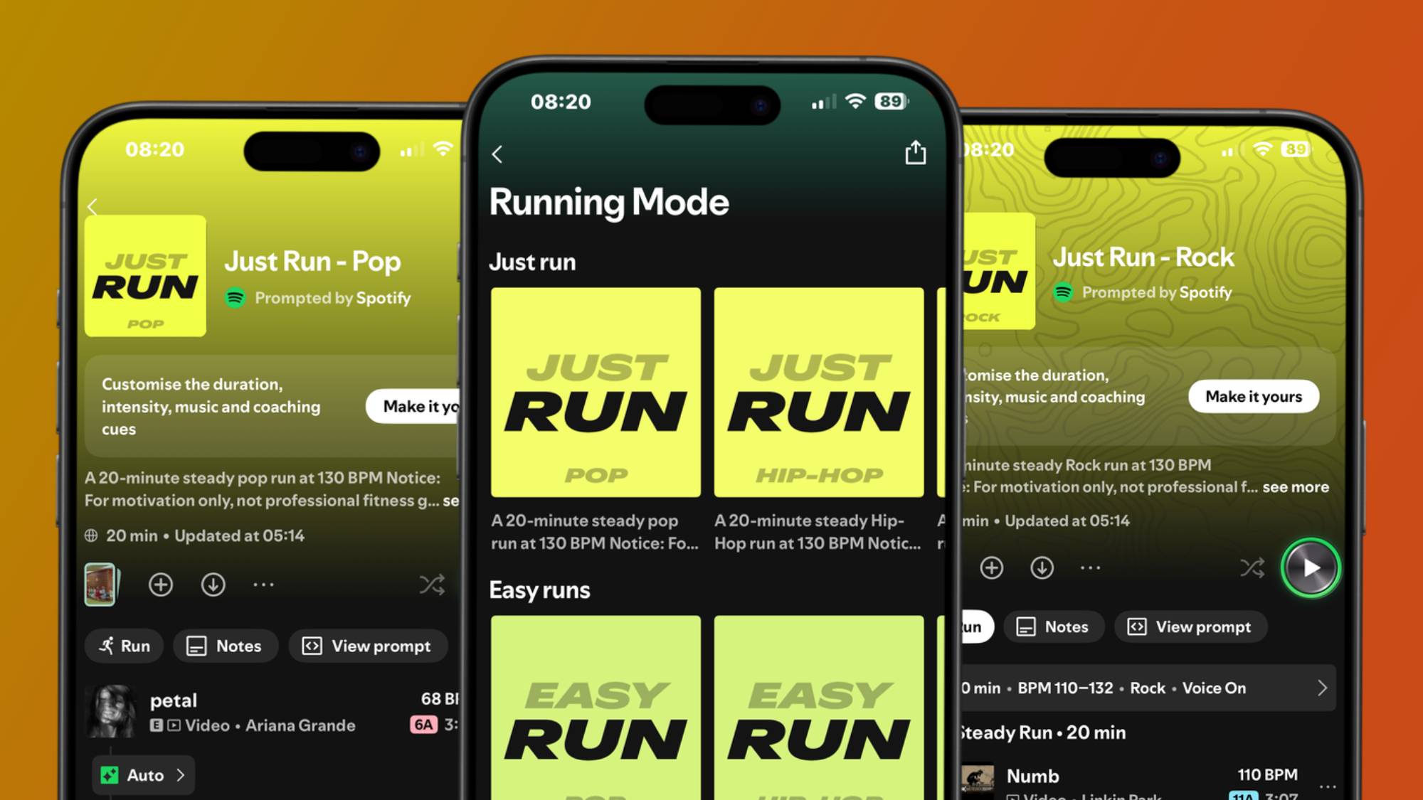 Three smartphones showing Spotify's running mode