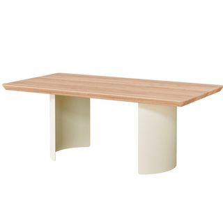 A wooden top coffee table with cream steel legs for sustainable furniture brands.