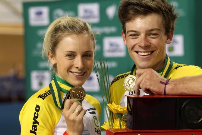 The winning siblings, Annette and Alex Edmonson with their Omnium gold medals