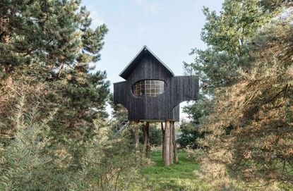 View of the dark wood Ein Stein Tea House during the day. The house features a large window, sits on tree trunks and is surrounded by greenery