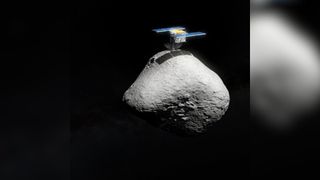 An illustration of a spherical asteroid with a small space probe sitting on top of it with a solar panel.