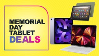 Apple iPad Pro, Apple iPad Air and Kindle Fire Tablet HD on a yellow background, next to text reading "Memorial Day tablet deals"