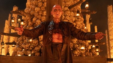 Dr. Kelson in goth makeup as Satan/Old Nick in 28 Years Later: The Bone Temple