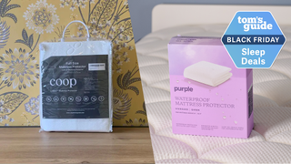 Coop Ultra-Tech waterproof mattress protector on the left and the Purple waterproof mattress protector on the right with TG Black Friday Sleep Deals badge on the top right corner