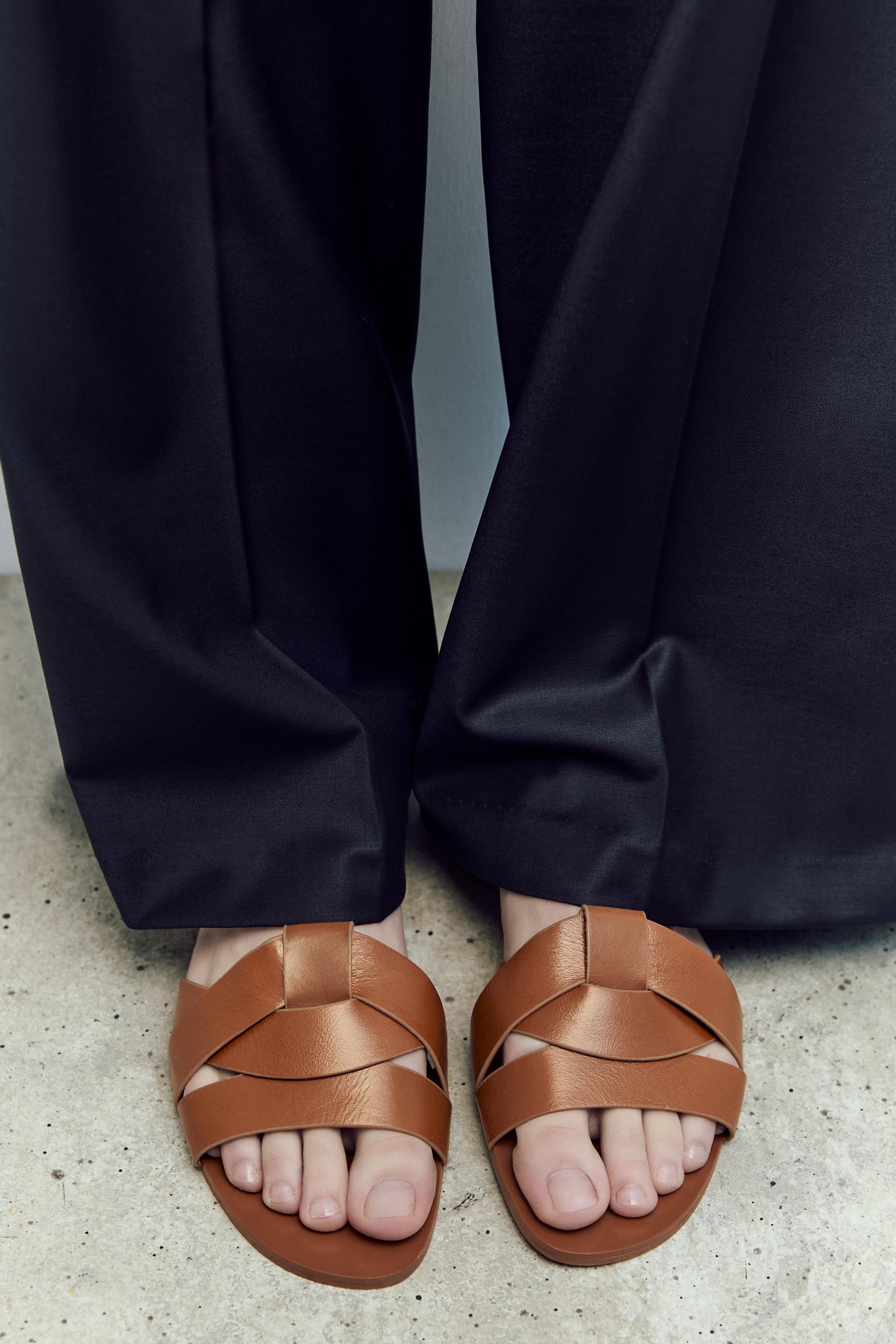 Cross-Strap Flat Leather Sandals