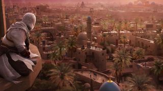 Assassin's Creed Mirage — Basim looks out across Baghdad at sunset while perched on a balcony.