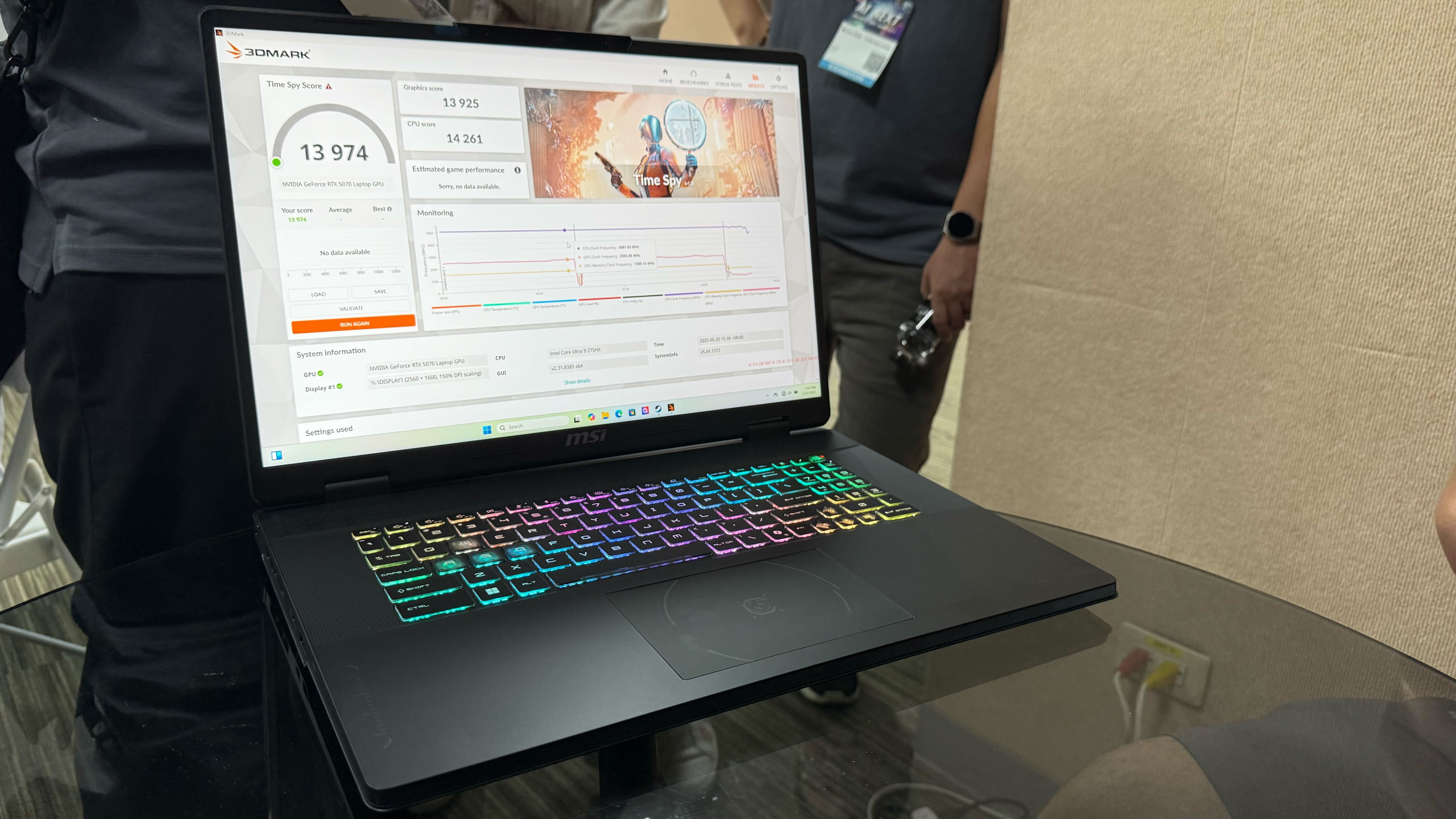 MSI Crosshair 18 HX gaming laptop with an RTX 5070, being benchmarked at Computex in Taipei.