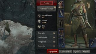 Diablo 4 basic stats - character screen showing attack power, armor, and life.
